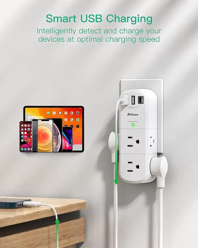 Alt view image 3 of 7 - Outlet Extender with Rotating Plug, Mifaso Surge Protector 6 AC Multi Plug Wall Outlets and 3 USB Ports, 1800 Joules, 3-Sided Swivel Power Strip Spaced Splitter for Home, Travel, Dorm Room Essentials