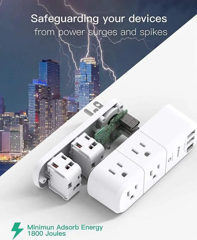 Alt view image 4 of 7 - Outlet Extender with Rotating Plug, Mifaso Surge Protector 6 AC Multi Plug Wall Outlets and 3 USB Ports, 1800 Joules, 3-Sided Swivel Power Strip Spaced Splitter for Home, Travel, Dorm Room Essentials