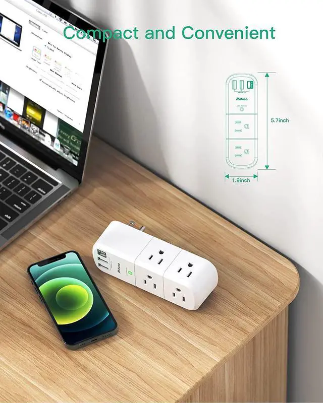 Alt view image 6 of 7 - Surge Protector USB Outlet Extender, 6 AC Multi Plug Outlet and 3 USB Ports (1 USB C), 3-Sided Swivel Power Strip Outlet Splitter for Home, Dorm Room Essentials (2 Pack)