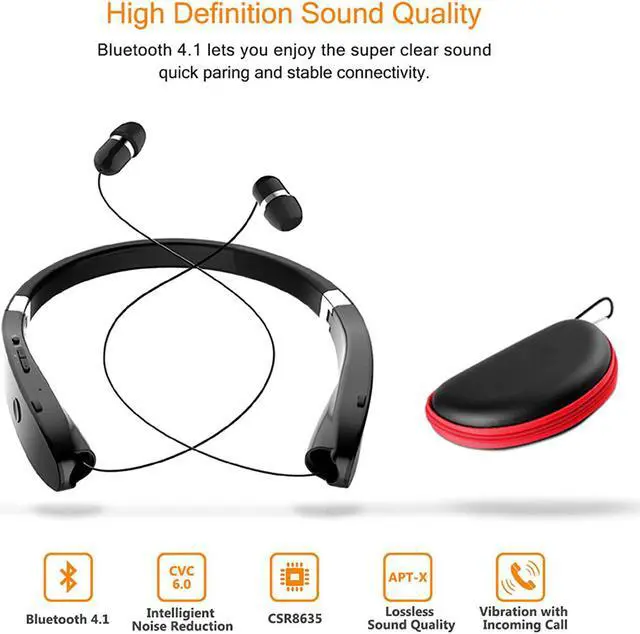 Alt view image 4 of 7 - Foldable Bluetooth Headset, Beartwo Lightweight Retractable Bluetooth Headphones for Sports&Exercise, Noise Cancelling Stereo Neckband Wireless Headset (with carry case)