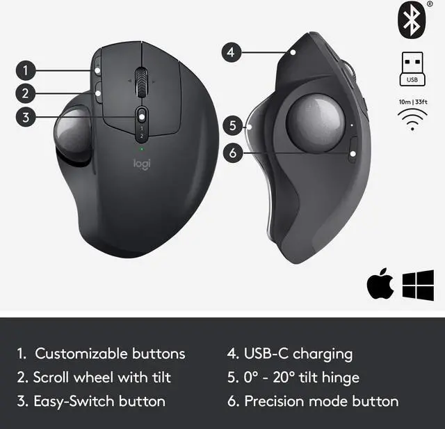 Alt view image 6 of 7 - MX Ergo Wireless Trackball Mouse ? Adjustable Ergonomic Design Control and Move Text/Images/Files Between 2 Windows and Apple Mac Computers (Bluetooth or USB) Rechargeable Graphite black