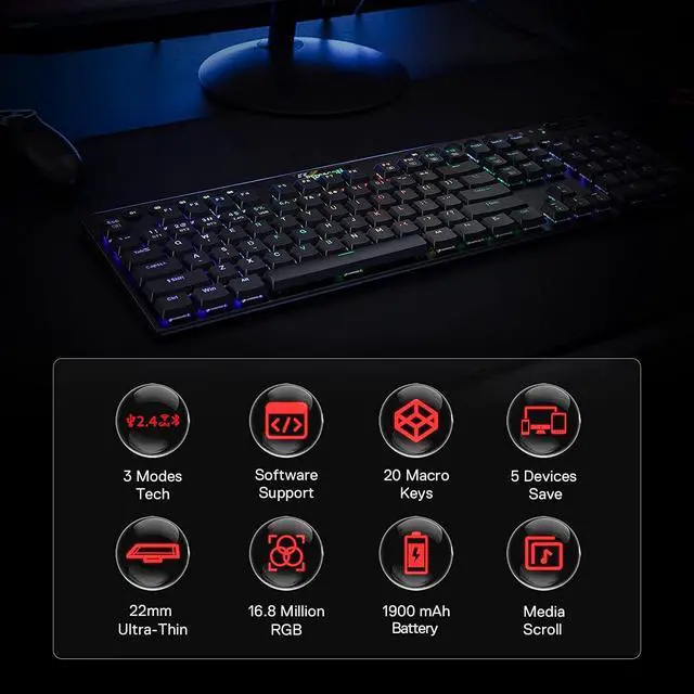 Alt view image 2 of 7 - Redragon K618 Horus Wireless RGB Mechanical Keyboard, Bluetooth/2.4Ghz/Wired Tri-Mode Ultra-Thin Low Profile Gaming Keyboard w/No-Lag Cordless Connection, Dedicated Media Control & Linear Red Switch
