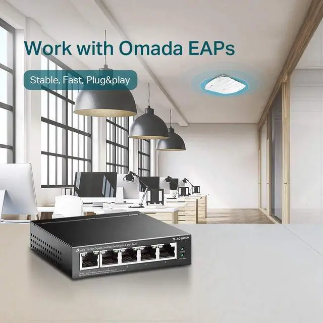 Alt view image 2 of 6 - TP-LINK EAP610 & TL-SG1005P Bundle | Omada True Wi-Fi 6 Ultra-Slim Wireless Access Point w 5 Port Gigabit PoE Switch, 4 PoE+ Ports @65W for Seamless Business Office Mesh Roaming WPA3, MU-MIMO