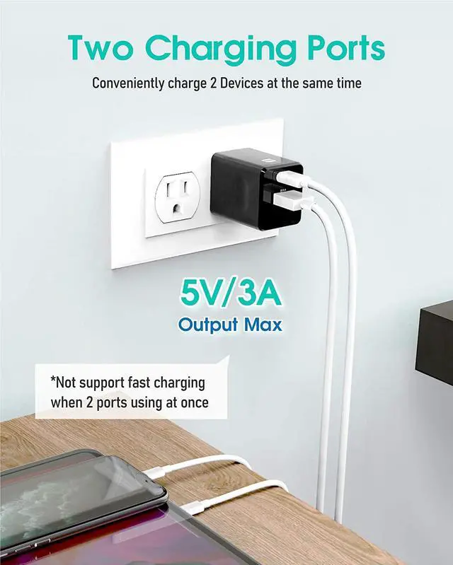 Alt view image 3 of 3 - USB C Fast Charger, Dual-Port 18W Power Adapter with Foldable Plug, PD QC3.0 Wall Charger Block for iPhone 12/12 Mini/ 12 Pro Max/ 11, AirPods Pro, Google Pixel, Samsung and More