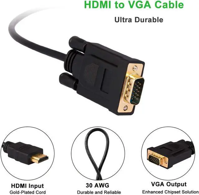 Alt view image 6 of 7 - HDMI to VGA, Gold-Plated HDMI to VGA 6 Feet Cable (Male to Male) Compatible for Computer, Desktop, Laptop, PC, Monitor, Projector, HDTV, Raspberry Pi, Roku, Xbox and More