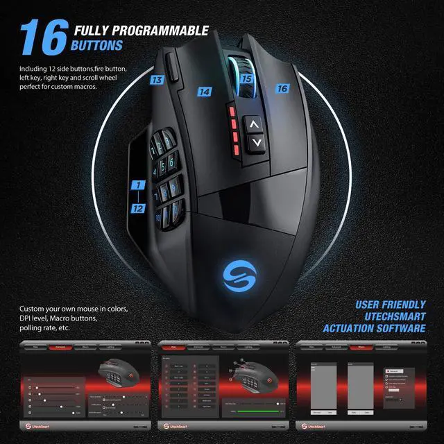 Alt view image 6 of 19 - UtechSmart VENUS Pro RGB MMO Wireless Gaming Mouse, 16,000 DPI Optical Sensor, 2.4 GHz transmission technology, Palm Grip Ergonomic Design, Chroma RGB Lighting, 16 programmable buttons, Up to 70 Hours