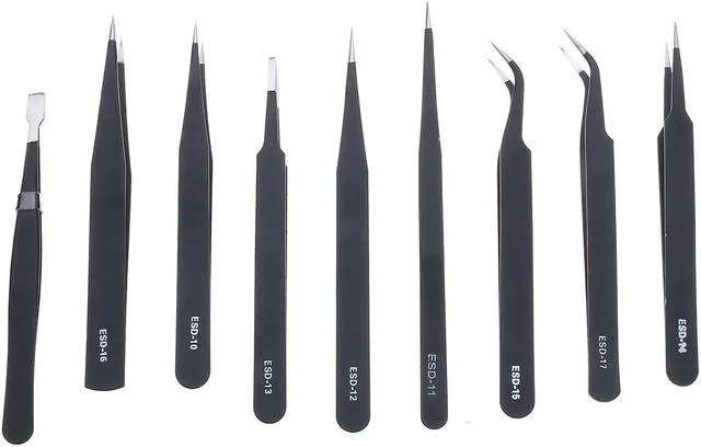 Alt view image 3 of 7 - 9 Pcs ESD Tweezer Anti-static Stainless Steel Precision Tweezers for Electronics Nail Beauty