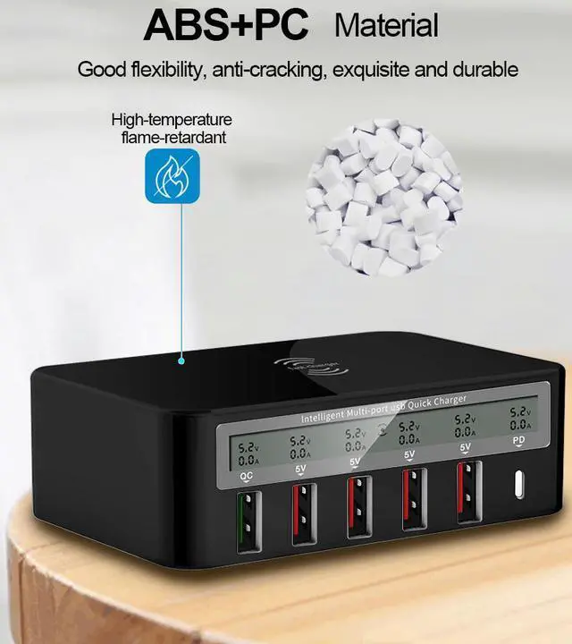 Alt view image 6 of 6 - Wireless QC3.0 Wall Charger,SIROKA,7 in 1 100W 6 Ports with Wireless Charger stand fast charger station Hub for Android handsets,Tablets,Laptop,Black&White