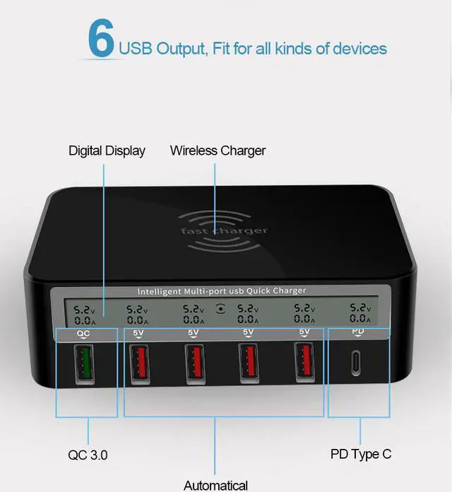 Alt view image 5 of 6 - Wireless QC3.0 Wall Charger,SIROKA,7 in 1 100W 6 Ports with Wireless Charger stand fast charger station Hub for Android handsets,Tablets,Laptop,Black&White