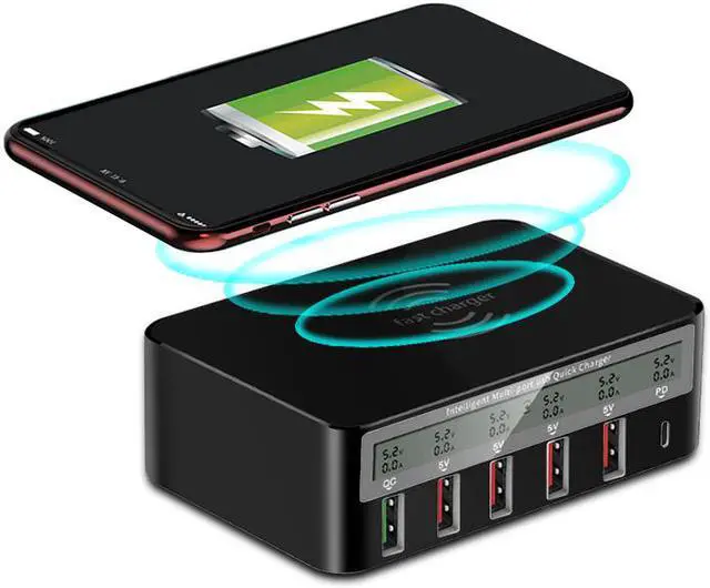 Alt view image 2 of 6 - Wireless QC3.0 Wall Charger,SIROKA,7 in 1 100W 6 Ports with Wireless Charger stand fast charger station Hub for Android handsets,Tablets,Laptop,Black&White