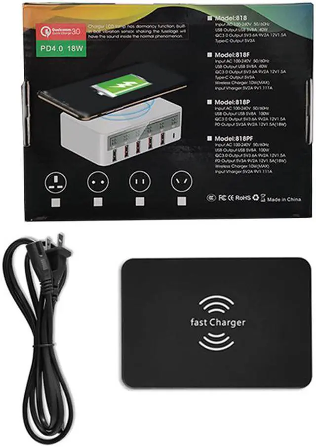 Alt view image 4 of 6 - Wireless QC3.0 Wall Charger,SIROKA,7 in 1 100W 6 Ports with Wireless Charger stand fast charger station Hub for Android handsets,Tablets,Laptop,Black&White
