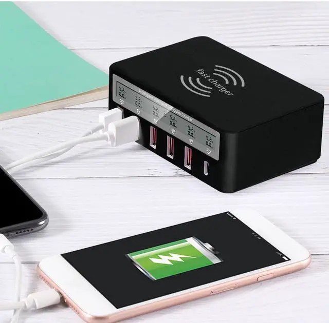 Alt view image 3 of 6 - Wireless QC3.0 Wall Charger,SIROKA,7 in 1 100W 6 Ports with Wireless Charger stand fast charger station Hub for Android handsets,Tablets,Laptop,Black&White