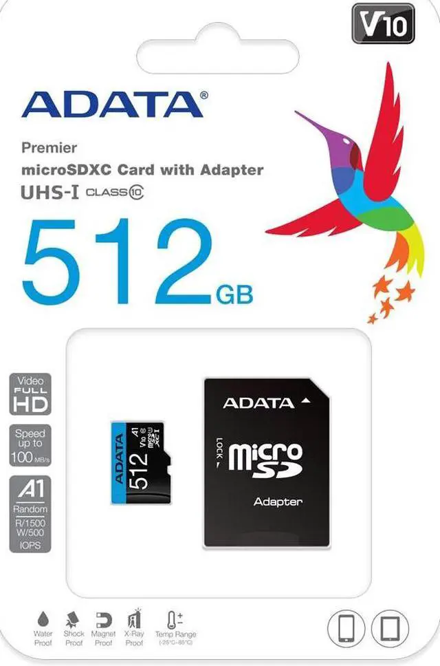 Alt view image 2 of 3 - ADATA 512GB Premier microSDXC UHS-I / Class 10 V10 A1 Memory Card with SD Adapter, Speed Up to 100MB/s (AUSDX512GUICL10A1-RA1)