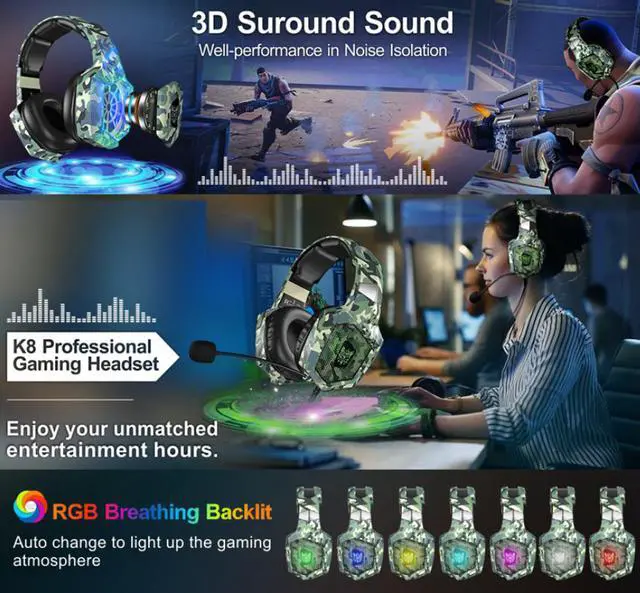 Alt view image 4 of 5 - K8 head-mounted camouflage gaming headset luminous student computer PS4 headset color change brightness headphones speakers
