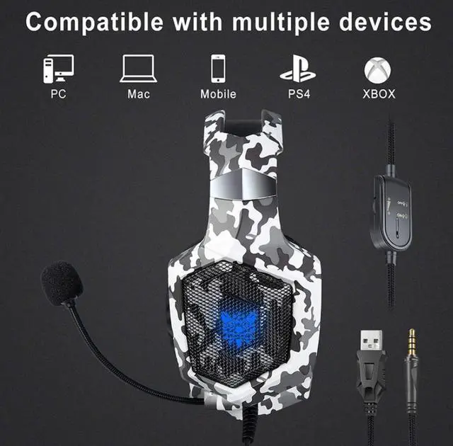 Alt view image 3 of 6 - K8 head-mounted camouflage gaming headset luminous student computer PS4 headset color change brightness headphones speakers