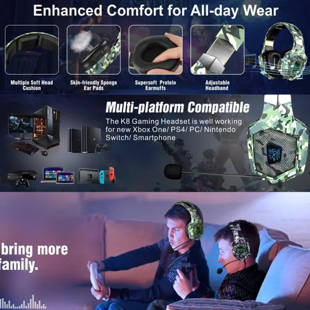 Alt view image 6 of 6 - K8 head-mounted camouflage gaming headset luminous student computer PS4 headset color change brightness headphones speakers
