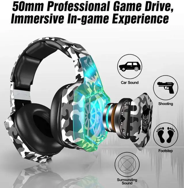 Alt view image 4 of 6 - K8 head-mounted camouflage gaming headset luminous student computer PS4 headset color change brightness headphones speakers