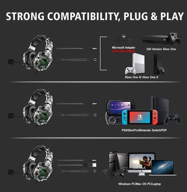 Alt view image 2 of 5 - K8 head-mounted camouflage gaming headset luminous student computer PS4 headset color change brightness headphones speakers