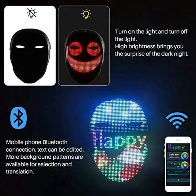 Alt view image 4 of 7 - LED Mask with App Bluetooth Programmable, USB Rechargeable Light up Halloween Christmas Cosplay Costume Party Personalized Smart Facial Cool Full Masks for Adults Men Women