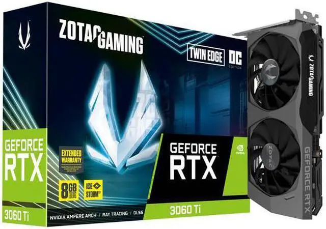 Main image of ZOTAC GAMING GeForce RTX 3060 Ti Twin Edge OC LHR 8GB GDDR6 256-bit 14 Gbps PCIE 4.0 Gaming Graphics Card, IceStorm 2.0 Advanced Cooling, Active Fan Control, FREEZE Fan Stop ZT-A30610H-10MLHR