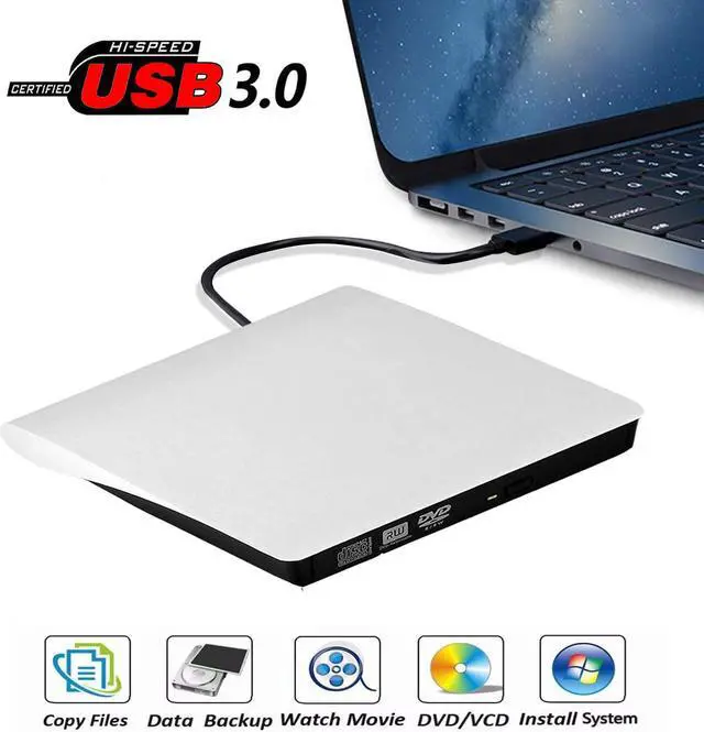 Main image of External CD Drive, USB 3.0 Portable CD/DVD +/-RW Drive Slim DVD/CD ROM Rewriter Burner Compatible with Laptop Desktop PC Windows Linux OS Apple Mac (Color: White)
