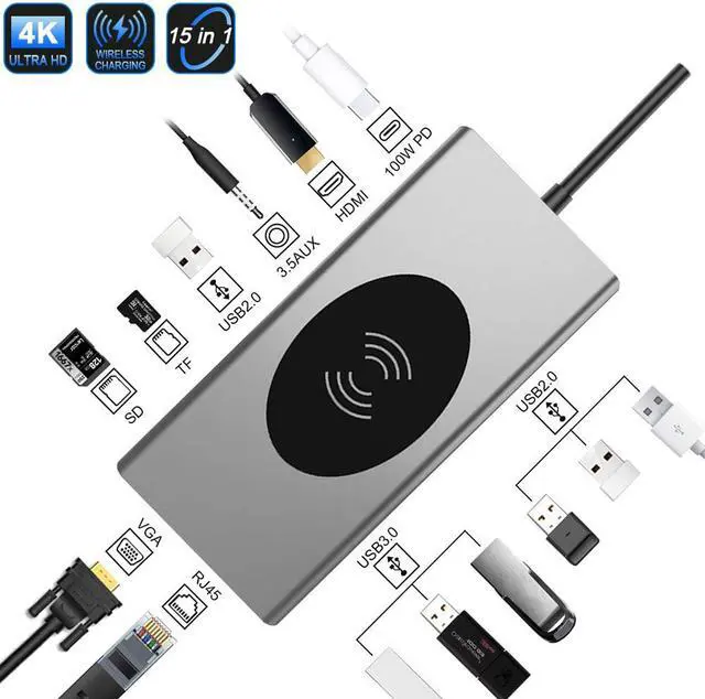 Main image of [Upgraded] 15-in-1 USB C Hub Multiport Adapter-Hieha USB-C Docking Station with 4K HDMI, VGA, Ethernet, Wireless Charging, 100W PD, 3 USB 3.0, SD/TF Card Reader Compatible for MacBook Pro and More