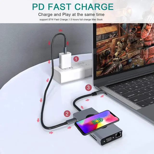 Alt view image 5 of 7 - USB C Hub Laptop Docking Station, Wireless Charger 13-in-1 USB C Adapter with Ethernet, Power Delivery Laptop with 4K HDMI Output, 1000M RJ45 Ethernet, 60W PD, VGA, 5 USB 3.0 Ports, SD/TF Card Reader