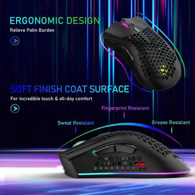 Alt view image 4 of 7 - Gaming Mice Wireless Lightweight Gaming Mouse Honeycomb with 7 Button Multi RGB Backlit Perforated Ergonomic Shell Optical Sensor Adjustable DPI Rechargeable 800mAh Battery USB Receiver for PC Laptop