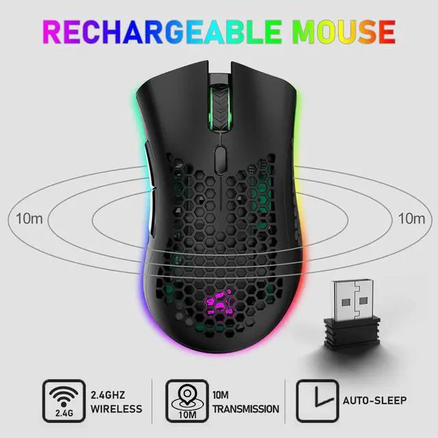 Alt view image 2 of 7 - Gaming Mice Wireless Lightweight Gaming Mouse Honeycomb with 7 Button Multi RGB Backlit Perforated Ergonomic Shell Optical Sensor Adjustable DPI Rechargeable 800mAh Battery USB Receiver for PC Laptop