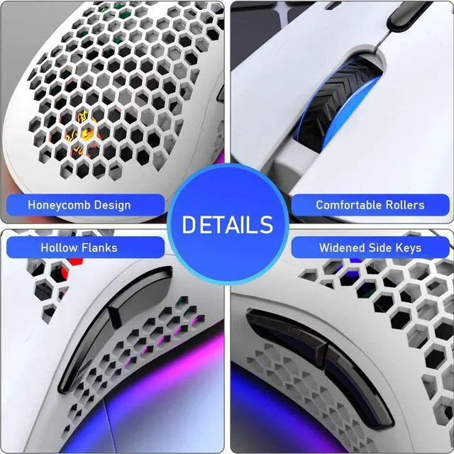Alt view image 6 of 7 - Gaming Mice Wireless Lightweight Gaming Mouse Honeycomb with 7 Button Multi RGB Backlit Perforated Ergonomic Shell Optical Sensor Adjustable DPI Rechargeable 800mAh Battery USB Receiver for PC Laptop