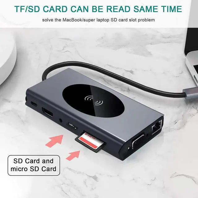 Alt view image 3 of 7 - USB C Hub Type-C Laptop Docking Station, Wireless Charger 13-in-1 USB C Adapter with Ethernet, 4K HDMI Output, 1000M RJ45 Net Work, 87W PD, VGA, 5 USB 3.0 Ports, SD/TF Card Reader for Type C Latops