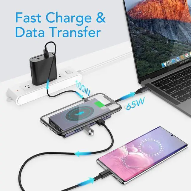 Alt view image 4 of 7 - USB C Hub Type-C Laptop Docking Station, Wireless Charger 13-in-1 USB C Adapter with Ethernet, 4K HDMI Output, 1000M RJ45 Net Work, 87W PD, VGA, 5 USB 3.0 Ports, SD/TF Card Reader for Type C Latops
