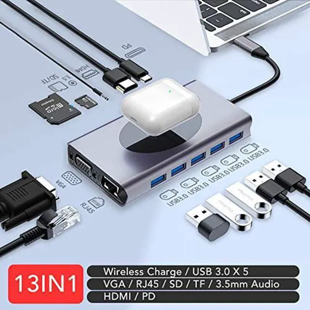 Alt view image 7 of 7 - USB C Hub Type-C Laptop Docking Station, Wireless Charger 13-in-1 USB C Adapter with Ethernet, 4K HDMI Output, 1000M RJ45 Net Work, 87W PD, VGA, 5 USB 3.0 Ports, SD/TF Card Reader for Type C Latops