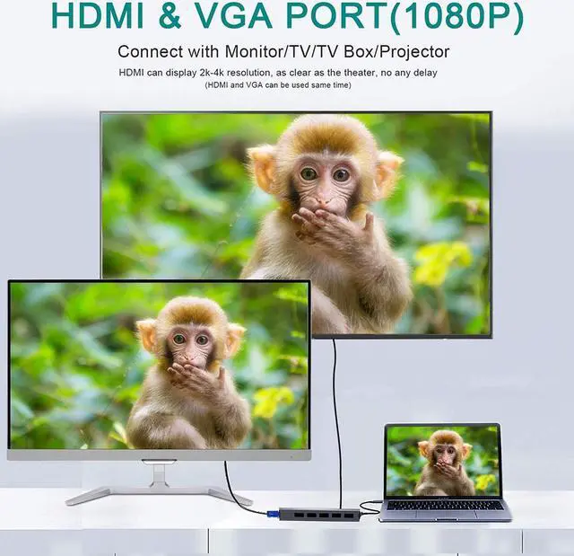 Alt view image 5 of 7 - USB C Hub Type-C Laptop Docking Station, Wireless Charger 13-in-1 USB C Adapter with Ethernet, 4K HDMI Output, 1000M RJ45 Net Work, 87W PD, VGA, 5 USB 3.0 Ports, SD/TF Card Reader for Type C Latops