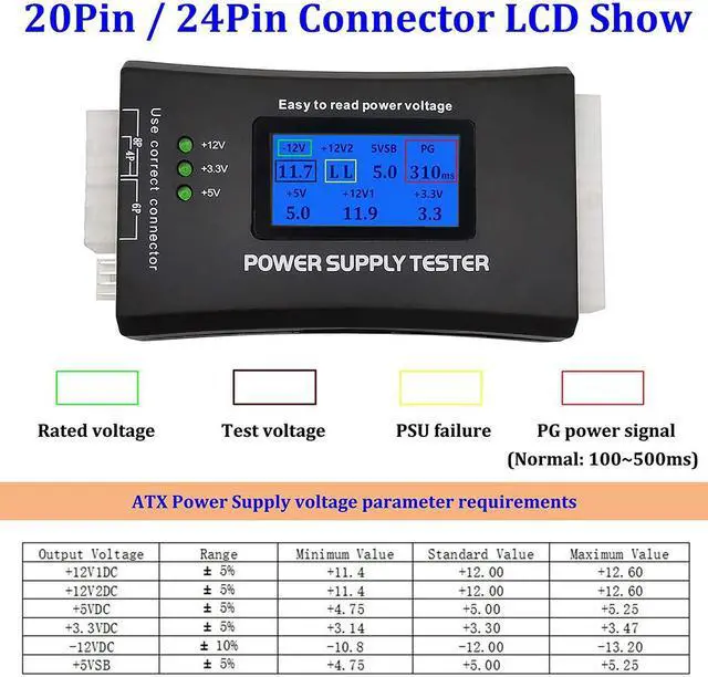 Alt view image 4 of 7 - 20/24 Pin ATX Computer PC Power Supply Tester for ATX/BTX/ITX/SATA/PCI-E/HDD/BYI Connectors, 1.8'' LCD Screen (Sturdy Plastic Enclosure)