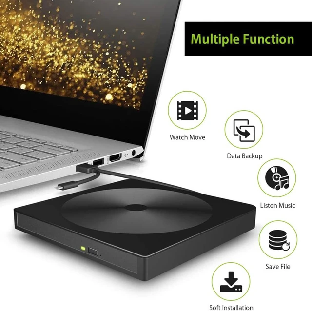 Alt view image 4 of 7 - External CD DVD Drive, USB 3.0 Type-C Portable Slim CD/DVD +/-RW Drive ROM Rewriter Writer Reader Burner Player for Laptop Desktop Windows XP/2003/8.1/10/Vista/7, Linux, Mac 10 OS