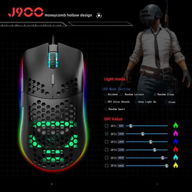 Alt view image 3 of 7 - Lightweight Wired Gaming Mouse with 6 Button 6 RGB Backlit Programmable Driver PAW3325 6400 DPI Optical Sensor Ultralight Ergonomic 65G Honeycomb Shell Ultraweave Cable for PC Xbox PS4 Gamer