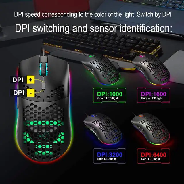 Alt view image 4 of 7 - Lightweight Wired Gaming Mouse with 6 Button 6 RGB Backlit Programmable Driver PAW3325 6400 DPI Optical Sensor Ultralight Ergonomic 65G Honeycomb Shell Ultraweave Cable for PC Xbox PS4 Gamer