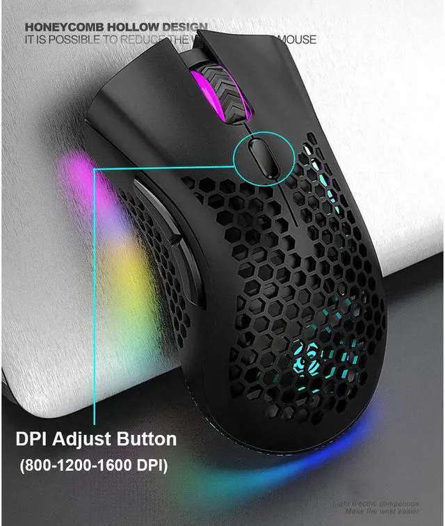 Alt view image 5 of 8 - Lightweight Gaming Mouse, Honeycomb Design Rechargeable 2.4G Wireless Gaming Mouse with USB Receiver RGB Backlight Computer Mouse for Laptop PC