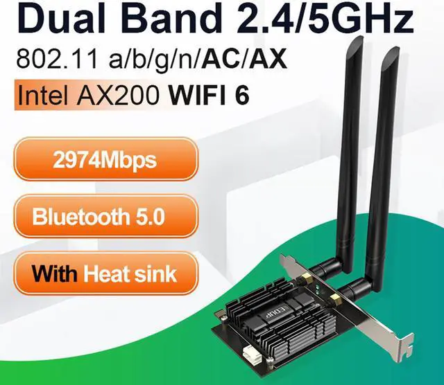 Main image of New WiFi 6 Card AX 3000Mbps PCIe Network Card AX200 802.11AX 2.4Ghz/5.8Ghz with Bluetooth 5.0 & Heat Sink Wireless PCI Express Wi-Fi Adapters Dual Band Antenna for Windows 10 64-bit