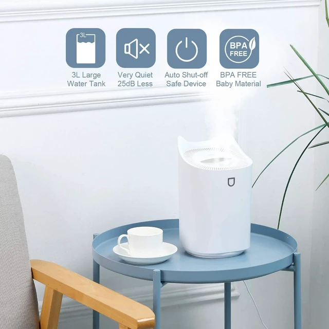 Alt view image 3 of 7 - Cool Mist Humidifiers for Bedroom USB, Easy Clean/Top Fill/Never Leak/Dual Sprayer, 3L 20hrs for Large Room, Colorful Night Light Auto Off for Home Office Baby (White)
