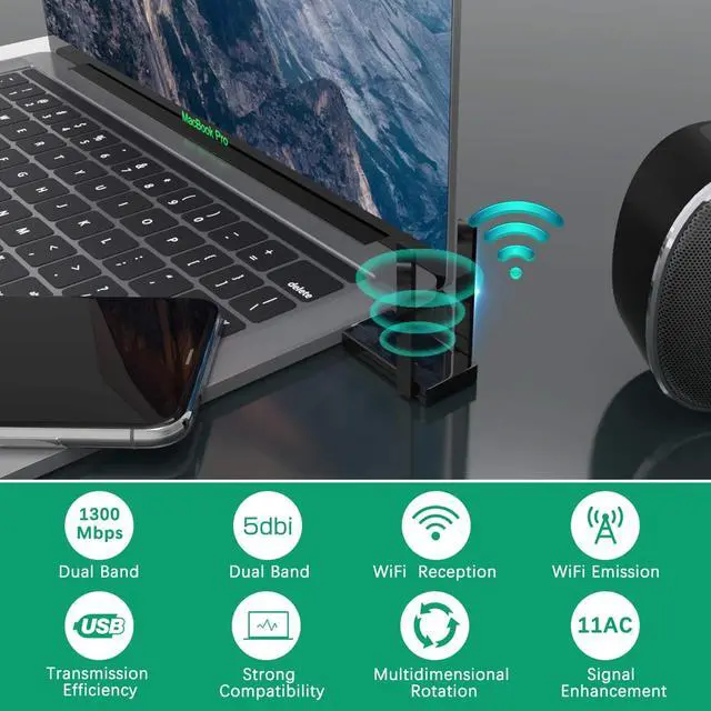 Alt view image 3 of 7 - USB 3.0 WiFi Adapter Wireless WiFi Dongle Dual Band with 5dBi Antenna AC1300Mbps Wireless Adapter for Desktop Laptop PC Support WinXP/7/8/10/vista, Mac10.4-10.14, Linux Network Card (1300Mbps Black)