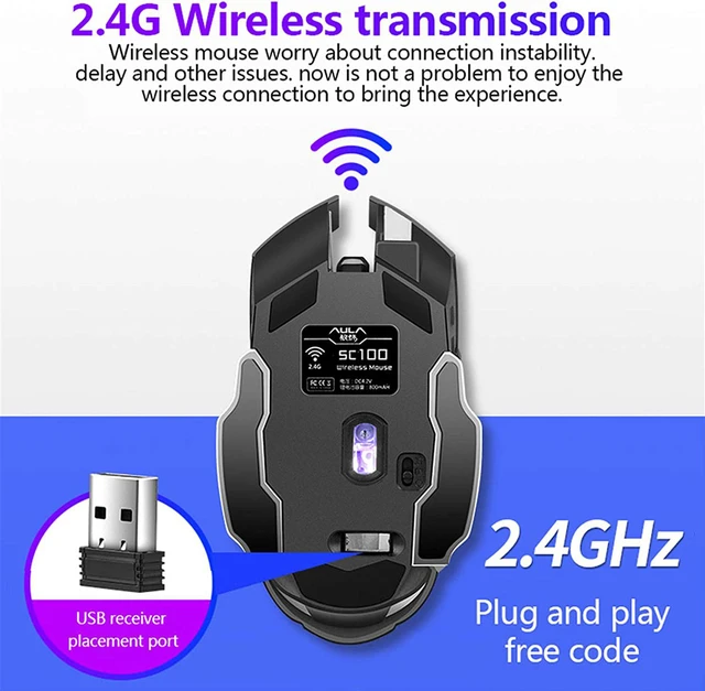 Alt view image 7 of 7 - SC100 Wireless Gaming Mouse, with 800mAh Battery Rechargeable, LED Backlight, USB Receiver, Ergonomic Optical 2.4G Cordless Metal Mice for PC Laptop, Tablet, Desktop Computer Games/Work (Black)