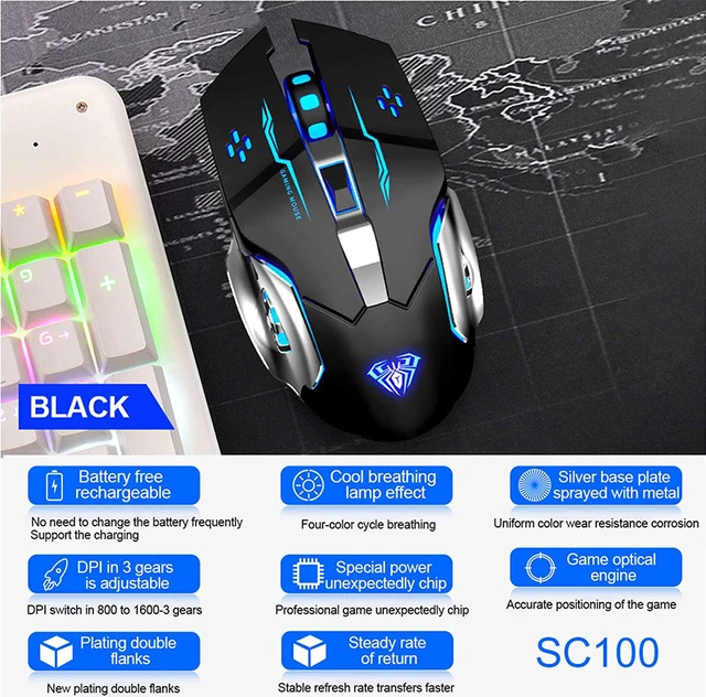 Alt view image 4 of 7 - SC100 Wireless Gaming Mouse, with 800mAh Battery Rechargeable, LED Backlight, USB Receiver, Ergonomic Optical 2.4G Cordless Metal Mice for PC Laptop, Tablet, Desktop Computer Games/Work (Black)