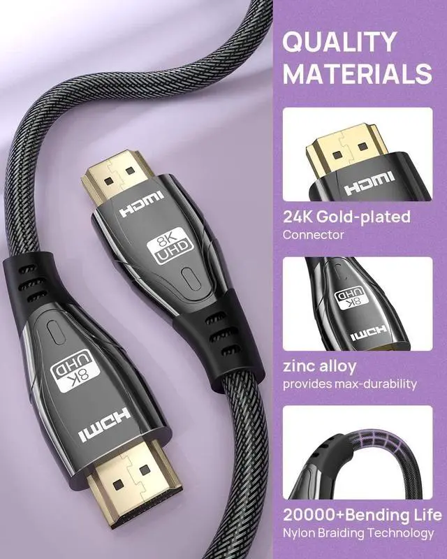 Alt view image 5 of 6 - 8K HDMI 2.1 Cable 6.6Ft/2M, Ultra High Speed 48Gbps 8K@60Hz, 4K@120Hz@144Hz DSC,HD UHD 7680×4320, eARC HDR10+, HDCP 2.2&2.3, Compatible with PS5/PS4/PS3 (Black) giyqxHw