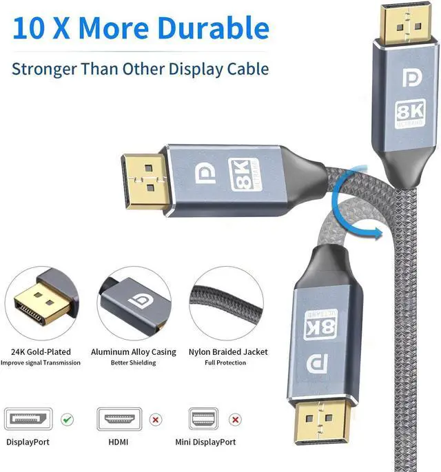 Alt view image 4 of 7 - 8K DisplayPort to Displayport Cable (1M/3.3FT) DP 1.4, Ultra HD Video Resolution Copper Cord 8K @60Hz 4K@144Hz High Speed 32.4Gbps HDCP 3D Slim Flexible DP to DP Cable for TV Gaming PC Monitor Laptop