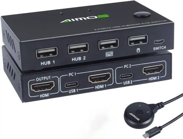 Main image of KVM Switch, USB Switch 4K HDMI Switcher Box 2 In 1 Out For 2 Computers Share Keyboard And Mouse Support 4K @30Hz, Not support Hotkey, With HUB Ports