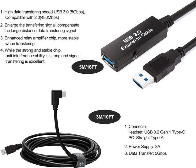 Alt view image 4 of 7 - Oculus Quest Link Cable 26FT(8M), High Speed Data Transfer& Fast Charging  USB C Cable, USB Extension Cable(5M) (No Power Supply) with Relay Amplifier Chip and USB 3.2 Gen 1 Cable(3M) (Cable Only)
