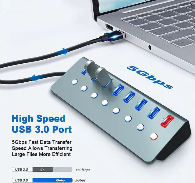 Alt view image 2 of 7 - Powered USB 3.0 Hub, 7-Port USB Hub USB3.0 Powered | 1 Smart Charging Port | Multi USB Port Expander with Individual On/Off Switches and 5V/3A Power Adapter for Laptop,PC,Mac,MacBook Pro,PS4,TV