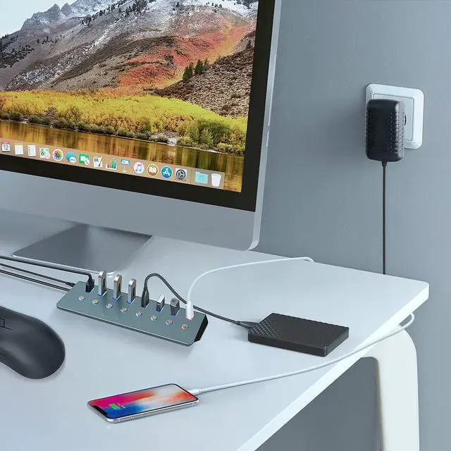 Alt view image 7 of 7 - Powered USB 3.0 Hub, 7-Port USB Hub USB3.0 Powered | 1 Smart Charging Port | Multi USB Port Expander with Individual On/Off Switches and 5V/3A Power Adapter for Laptop,PC,Mac,MacBook Pro,PS4,TV